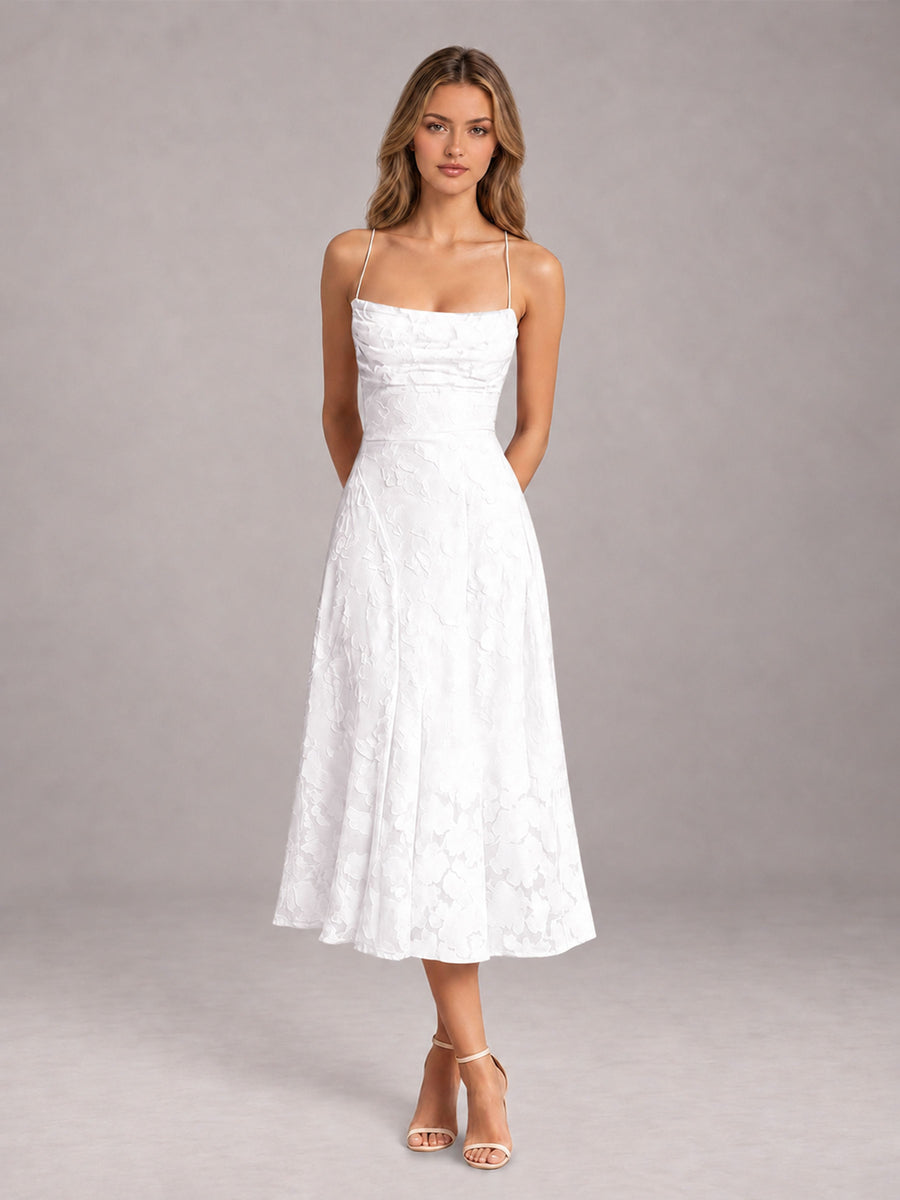 White A-Line/Princess Spaghetti Strap Sleeveless Floral Lace Tea-Length Bridesmaid Dress