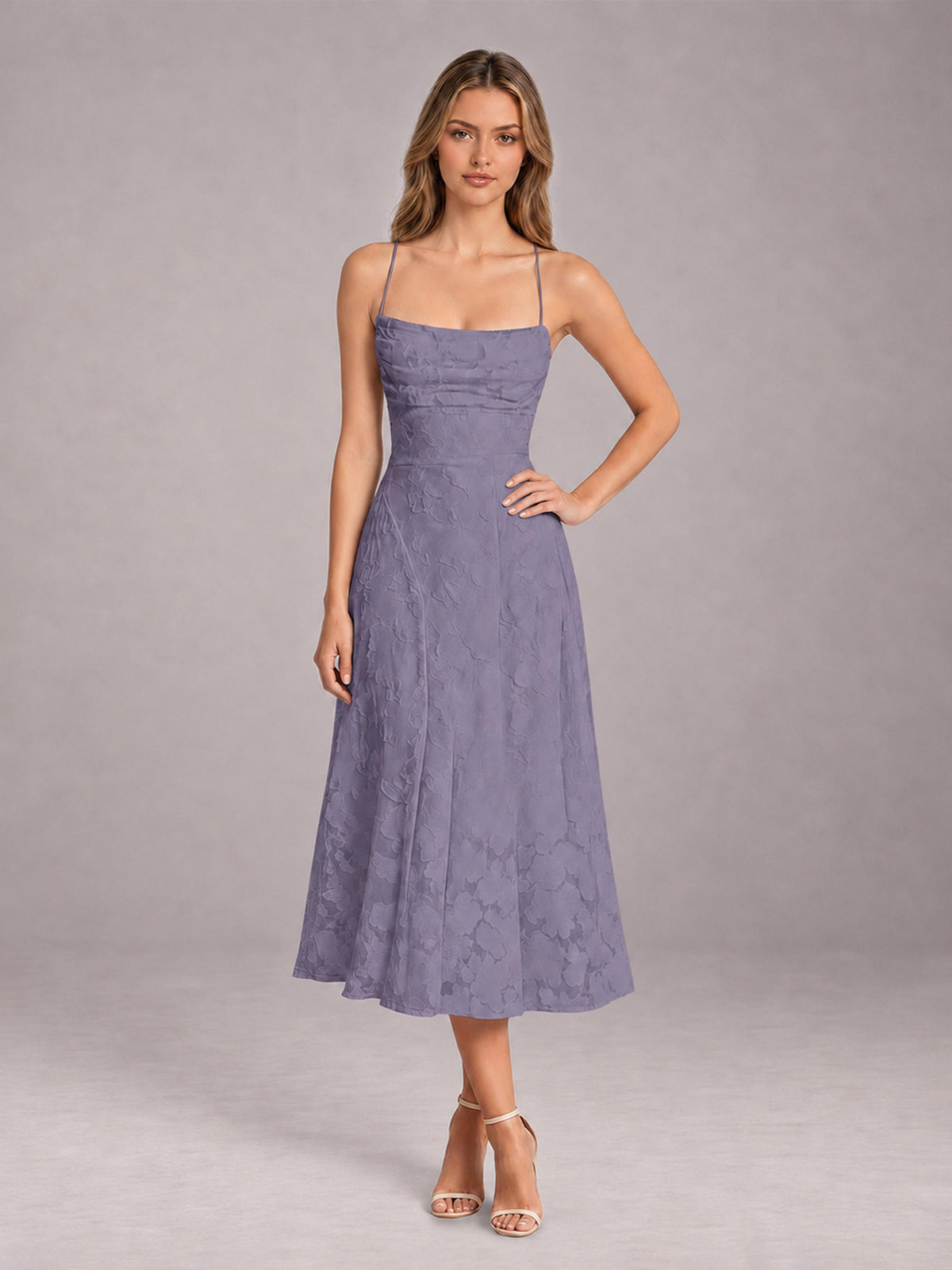 Wisteria A-Line/Princess Spaghetti Strap Sleeveless Floral Lace Tea-Length Bridesmaid Dress