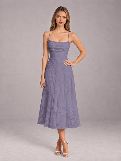 Wisteria A-Line/Princess Spaghetti Strap Sleeveless Floral Lace Tea-Length Bridesmaid Dress