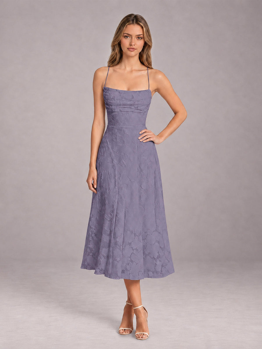 Wisteria A-Line/Princess Spaghetti Strap Sleeveless Floral Lace Tea-Length Bridesmaid Dress