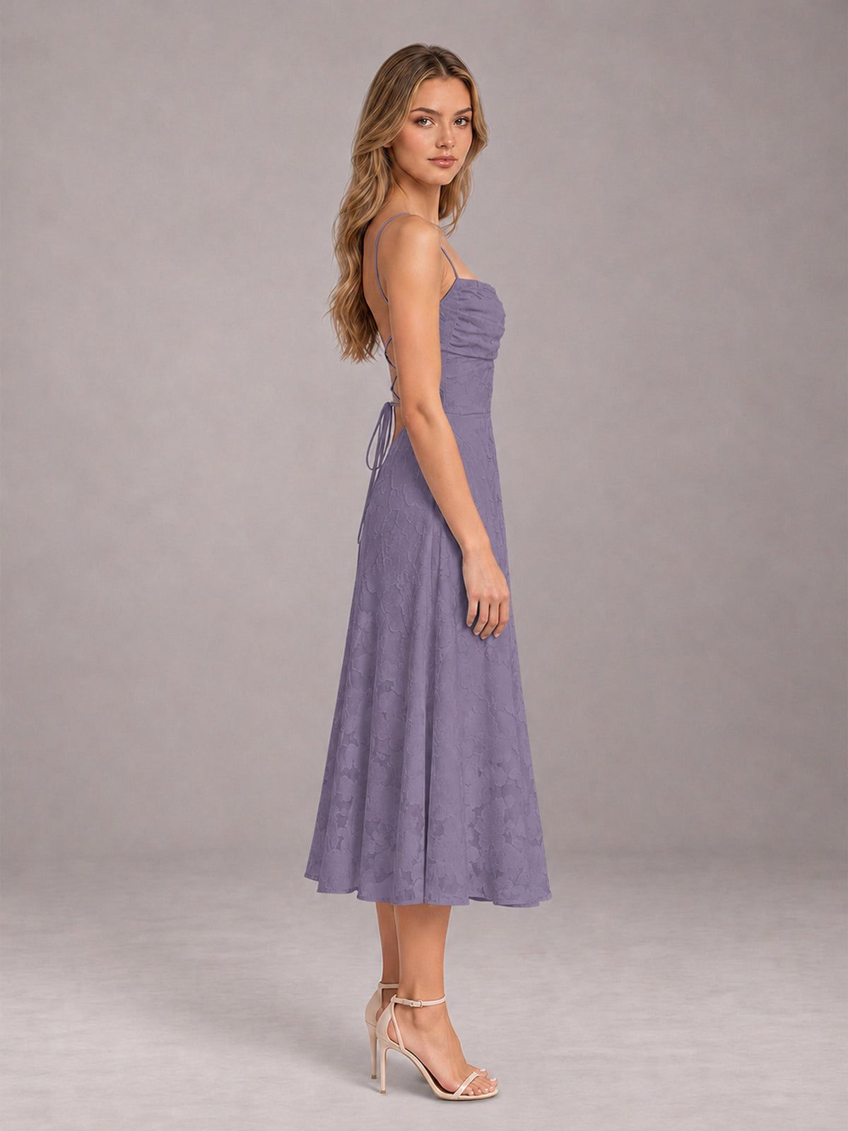 Wisteria A-Line/Princess Spaghetti Strap Sleeveless Floral Lace Tea-Length Bridesmaid Dress