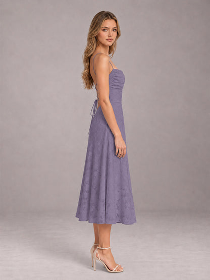 Wisteria A-Line/Princess Spaghetti Strap Sleeveless Floral Lace Tea-Length Bridesmaid Dress
