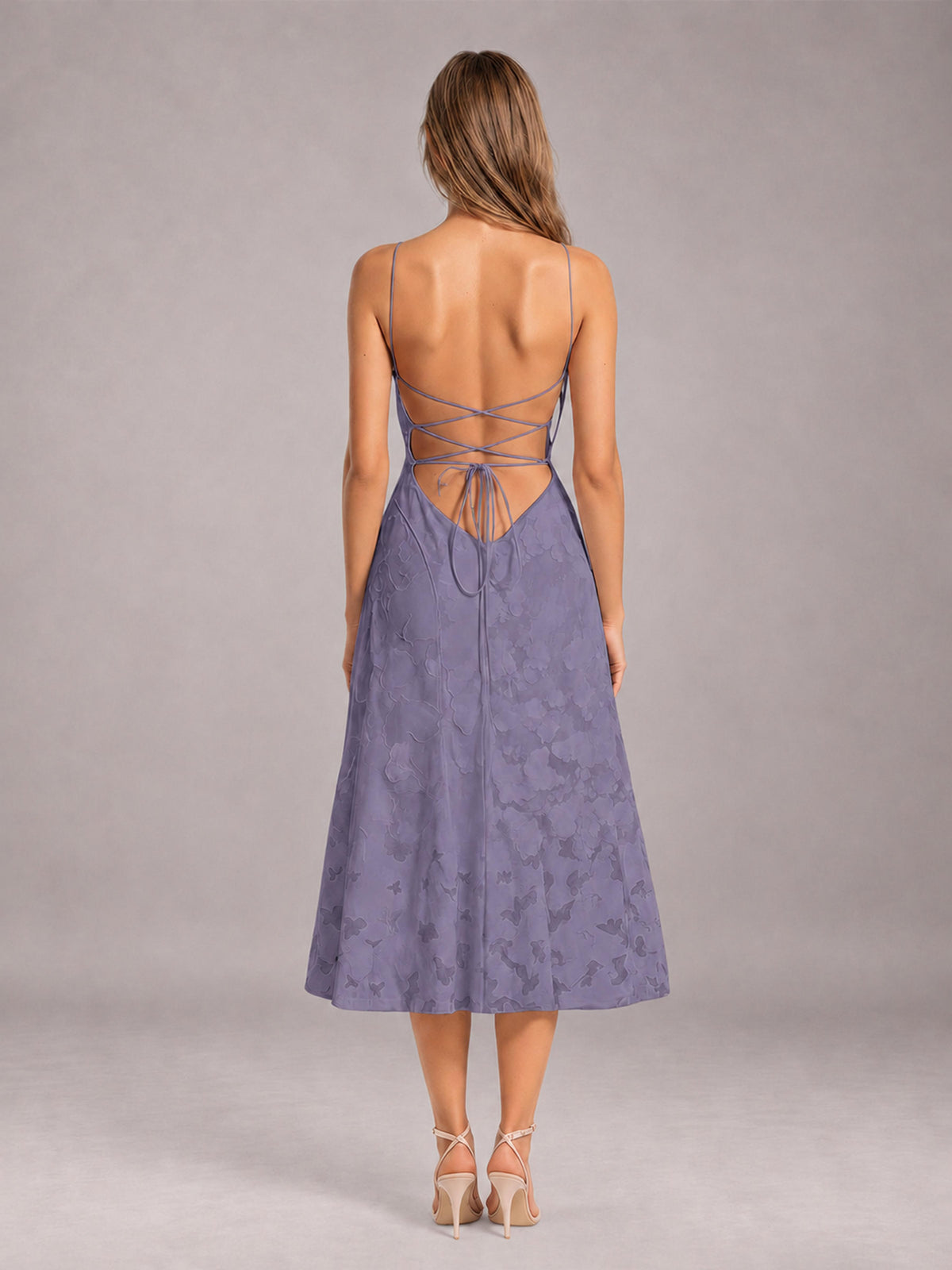 Wisteria A-Line/Princess Spaghetti Strap Sleeveless Floral Lace Tea-Length Bridesmaid Dress