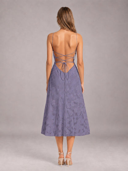 Wisteria A-Line/Princess Spaghetti Strap Sleeveless Floral Lace Tea-Length Bridesmaid Dress