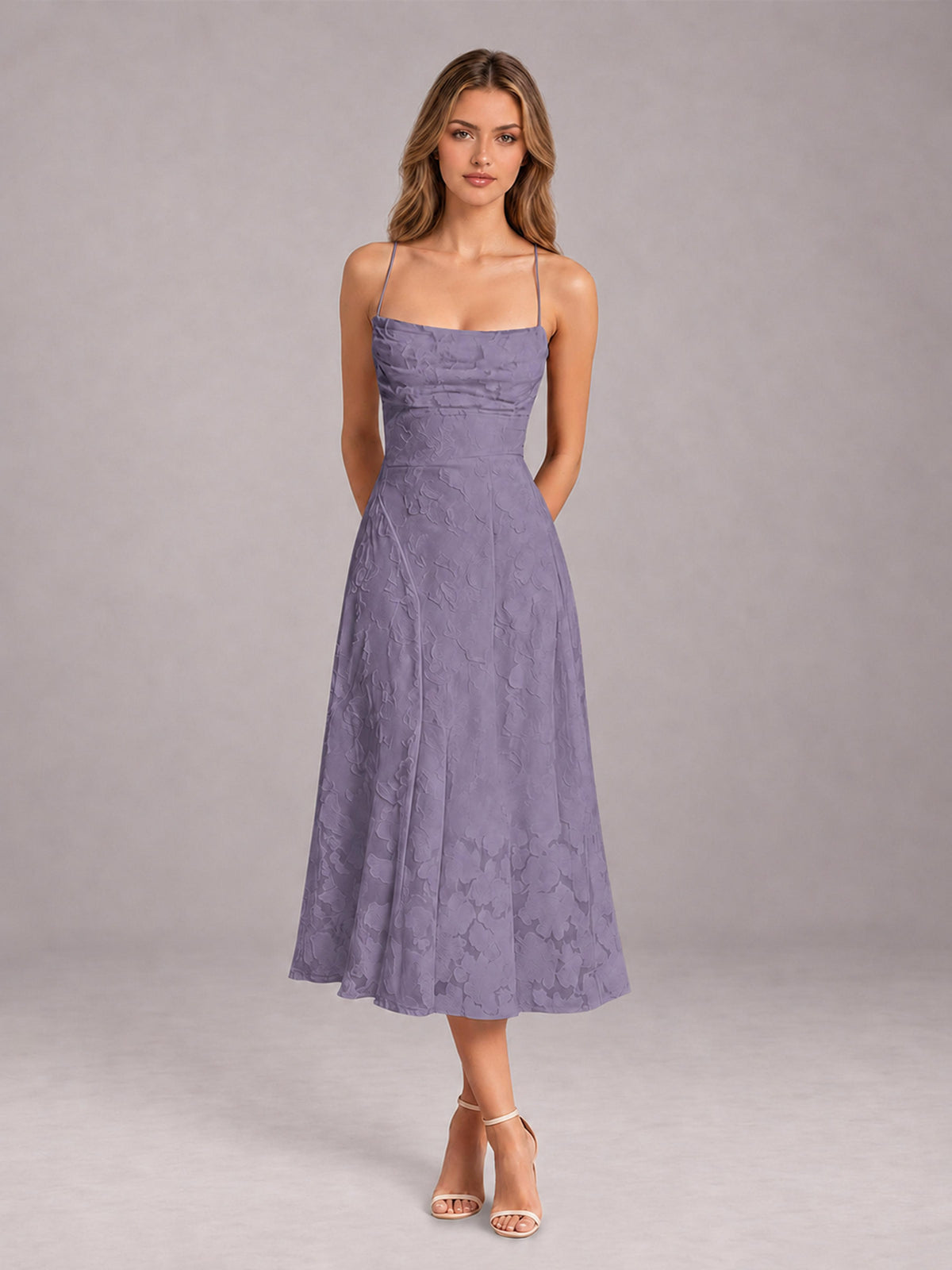 Wisteria A-Line/Princess Spaghetti Strap Sleeveless Floral Lace Tea-Length Bridesmaid Dress