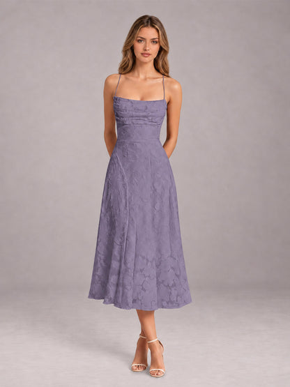 Wisteria A-Line/Princess Spaghetti Strap Sleeveless Floral Lace Tea-Length Bridesmaid Dress