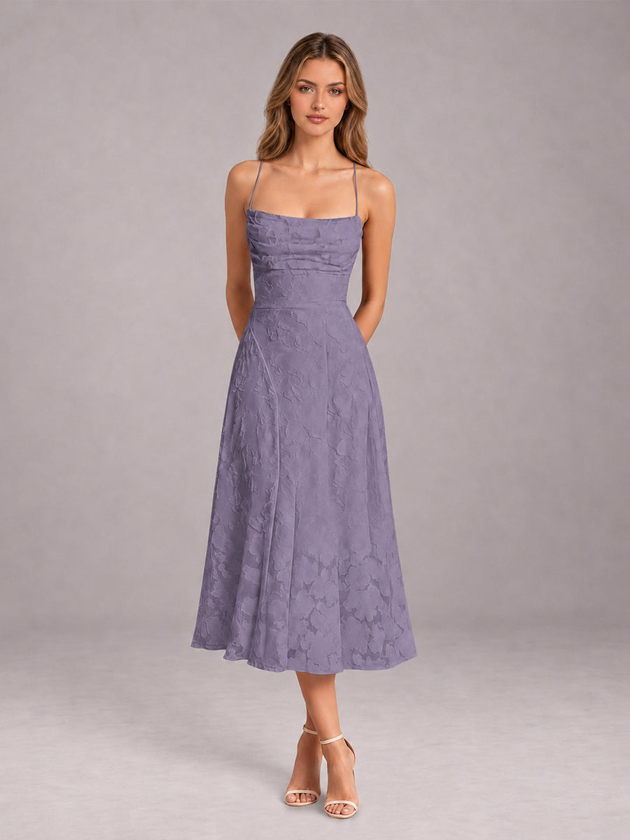 Wisteria A-Line/Princess Spaghetti Strap Sleeveless Floral Lace Tea-Length Bridesmaid Dress