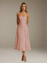 Free Shipping A-Line/Princess Spaghetti Strap Sleeveless Tea-Length Floral Lace Bridesmaid Dresses