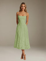 Free Shipping A-Line/Princess Spaghetti Strap Sleeveless Tea-Length Floral Lace Bridesmaid Dresses