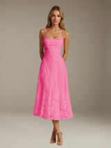 Free Shipping A-Line/Princess Spaghetti Strap Sleeveless Tea-Length Floral Lace Bridesmaid Dresses