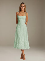 Free Shipping A-Line/Princess Spaghetti Strap Sleeveless Tea-Length Floral Lace Bridesmaid Dresses