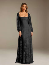 Free Shipping A-Line/Princess Square Neck Long Sleeves Floor-Length Floral Lace Long Bridesmaid Dresses