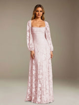Free Shipping A-Line/Princess Square Neck Long Sleeves Floor-Length Floral Lace Long Bridesmaid Dresses