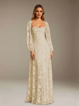 Free Shipping A-Line/Princess Square Neck Long Sleeves Floor-Length Floral Lace Long Bridesmaid Dresses