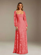 Free Shipping A-Line/Princess Square Neck Long Sleeves Floor-Length Floral Lace Long Bridesmaid Dresses