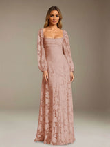 Free Shipping A-Line/Princess Square Neck Long Sleeves Floor-Length Floral Lace Long Bridesmaid Dresses