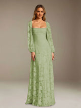 Free Shipping A-Line/Princess Square Neck Long Sleeves Floor-Length Floral Lace Long Bridesmaid Dresses