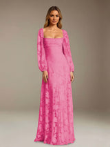 Free Shipping A-Line/Princess Square Neck Long Sleeves Floor-Length Floral Lace Long Bridesmaid Dresses