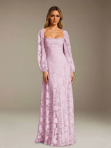 Free Shipping A-Line/Princess Square Neck Long Sleeves Floor-Length Floral Lace Long Bridesmaid Dresses