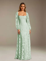 Free Shipping A-Line/Princess Square Neck Long Sleeves Floor-Length Floral Lace Long Bridesmaid Dresses