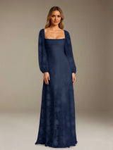 Free Shipping A-Line/Princess Square Neck Long Sleeves Floor-Length Floral Lace Long Bridesmaid Dresses
