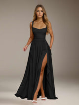 Free Shipping A-Line/Princess Square Neck Sleeveless Floor-Length Bridesmaid Dresses with Split Side & Ruffles