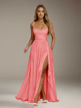 Free Shipping A-Line/Princess Square Neck Sleeveless Floor-Length Bridesmaid Dresses with Split Side & Ruffles