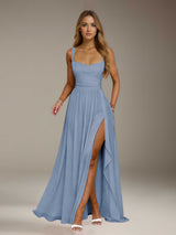 Free Shipping A-Line/Princess Square Neck Sleeveless Floor-Length Bridesmaid Dresses with Split Side & Ruffles