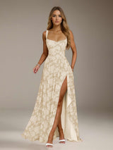 Free Shipping A-Line/Princess Square Neck Sleeveless Floor-Length Floral Lace Bridesmaid Dresses with Split Side & Ruffles