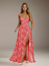 Free Shipping A-Line/Princess Square Neck Sleeveless Floor-Length Floral Lace Bridesmaid Dresses with Split Side & Ruffles
