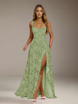 Free Shipping A-Line/Princess Square Neck Sleeveless Floor-Length Floral Lace Bridesmaid Dresses with Split Side & Ruffles