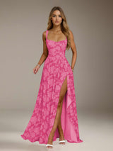 Free Shipping A-Line/Princess Square Neck Sleeveless Floor-Length Floral Lace Bridesmaid Dresses with Split Side & Ruffles
