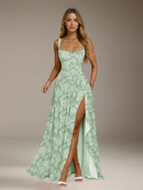 Free Shipping A-Line/Princess Square Neck Sleeveless Floor-Length Floral Lace Bridesmaid Dresses with Split Side & Ruffles