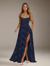 Free Shipping A-Line/Princess Square Neck Sleeveless Floor-Length Floral Lace Bridesmaid Dresses with Split Side & Ruffles
