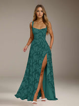 Free Shipping A-Line/Princess Square Neck Sleeveless Floor-Length Floral Lace Bridesmaid Dresses with Split Side & Ruffles