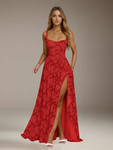 Free Shipping A-Line/Princess Square Neck Sleeveless Floor-Length Floral Lace Bridesmaid Dresses with Split Side & Ruffles