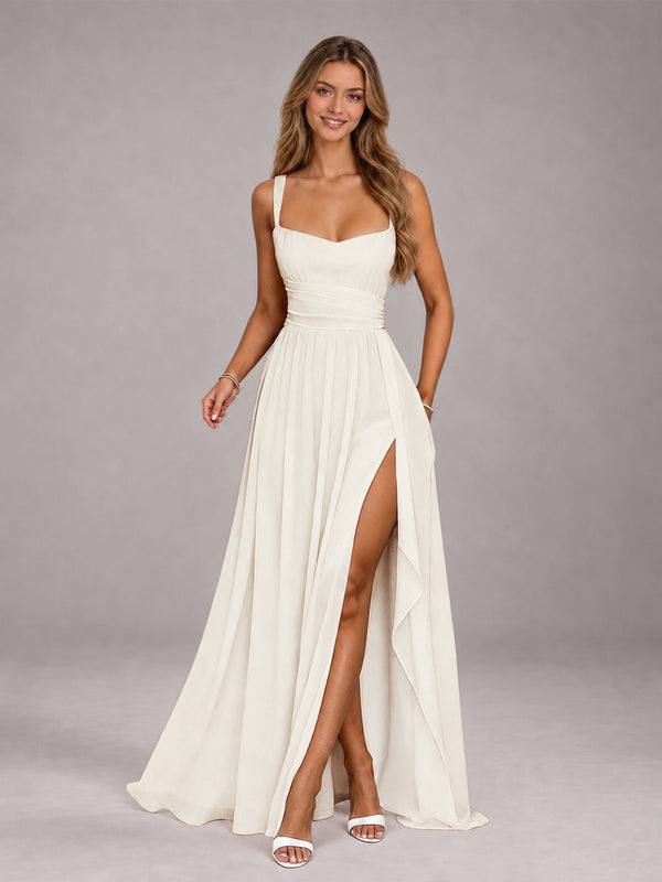 Ivory A-Line/Princess Square Neck Sleeveless Floor-Length Bridesmaid Dress With Side Split And Ruffles
