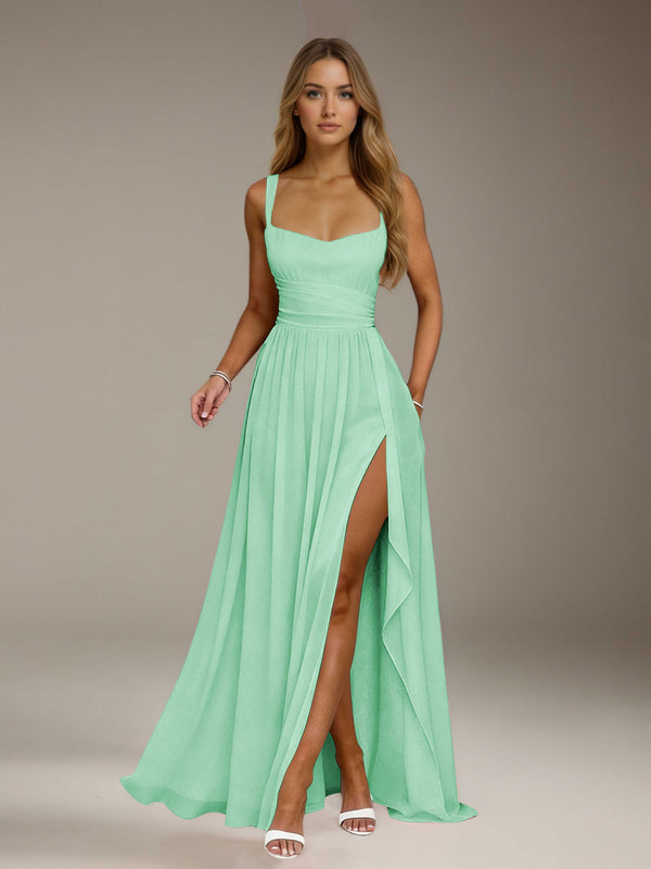 Mint Green Free Shipping A-Line/Princess Square Neck Sleeveless Floor-Length Bridesmaid Dresses with Split Side & Ruffles