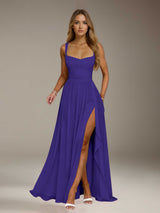 Free Shipping A-Line/Princess Square Neck Sleeveless Floor-Length Bridesmaid Dresses with Split Side & Ruffles