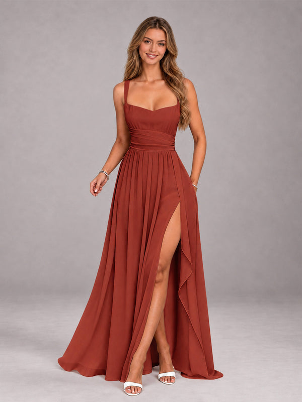 Rust A-Line/Princess Square Neck Sleeveless Floor-Length Bridesmaid Dress With Side Split And Ruffles