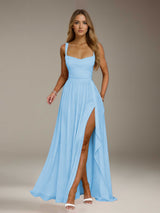 Free Shipping A-Line/Princess Square Neck Sleeveless Floor-Length Bridesmaid Dresses with Split Side & Ruffles