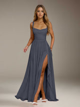 Free Shipping A-Line/Princess Square Neck Sleeveless Floor-Length Bridesmaid Dresses with Split Side & Ruffles