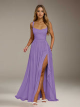 Free Shipping A-Line/Princess Square Neck Sleeveless Floor-Length Bridesmaid Dresses with Split Side & Ruffles