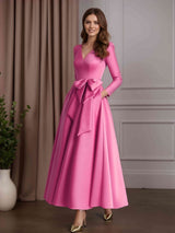 A-Line/Princess V Neck 3/4 Length Sleeve Anke-Length Satin Mother of the Bride Dresses with Bowknot