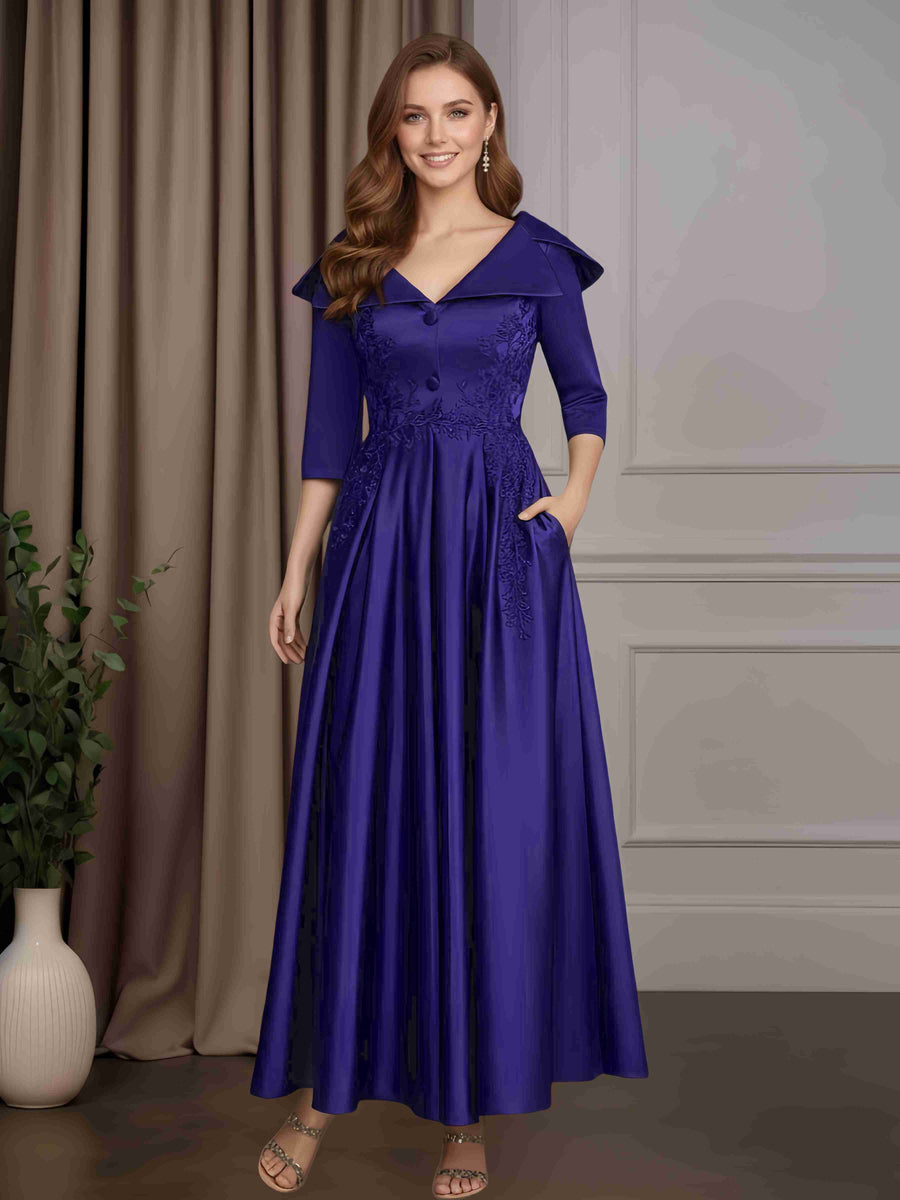 Regency A-Line/Princess V-Neck 3/4 Length Sleeves Ankle-Length Satin Mother of the Bride Dresses with Lace Appliques
