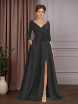 A-Line/Princess V-Neck 3/4 Length Sleeves Floor-Length Mother of the Bride Dresses with Flowers & Split Side