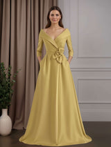 A-Line/Princess V-Neck 3/4 Length Sleeves Floor-Length Mother of the Bride Dresses with 3D Flowers