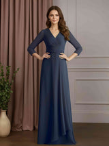 A-Line/Princess V-Neck 3/4 Length Sleeves Floor-Length Mother of the Bride Dresses with Ruffles