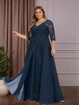 A-Line/Princess V-Neck 3/4 Length Sleeves Floor-Length Plus Size Mother of the Bride Dresses with Sequins & Appliques