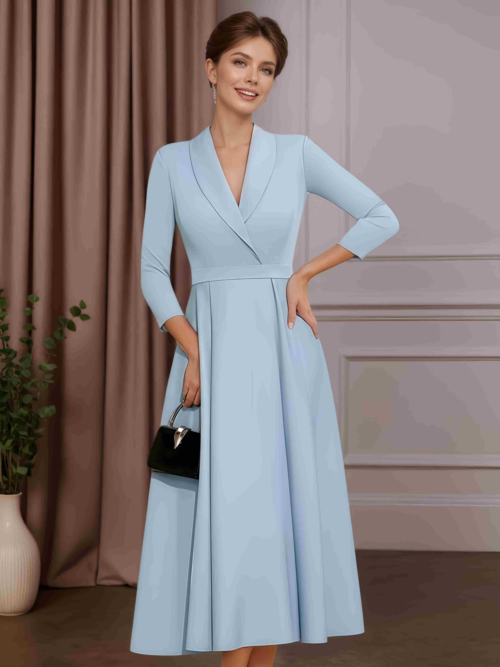 A-Line/Princess V-Neck 3/4 Length Sleeves Tea-Length Mother of the Bri mollyevers.com A-Line/Princess V-Neck 3/4 Length Sleeves Tea-Length Mother of the Bri mollyevers.com